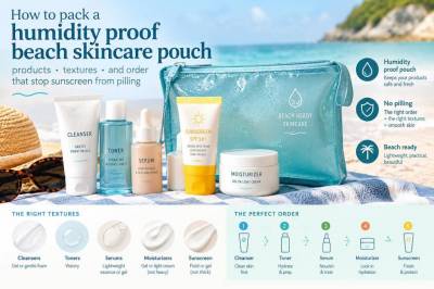 How to pack a humidity-proof beach skincare pouch: products, textures and order that stop sunscreen from pilling