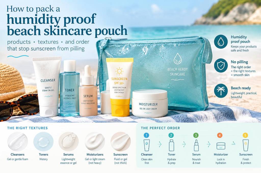 How to pack a humidity-proof beach skincare pouch: products, textures and order that stop sunscreen from pilling