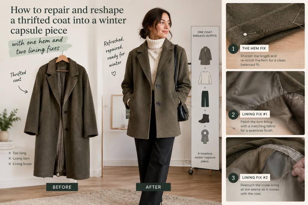 How to repair and reshape a thrifted coat into a winter capsule piece with one hem and two lining fixes